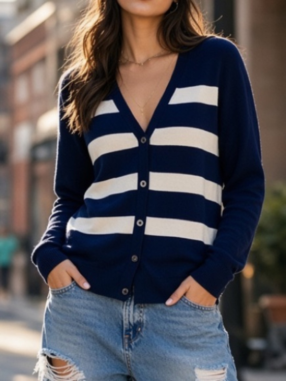 NWT Striped Cardigan Navy Off White Vneck Wool Blend Button
